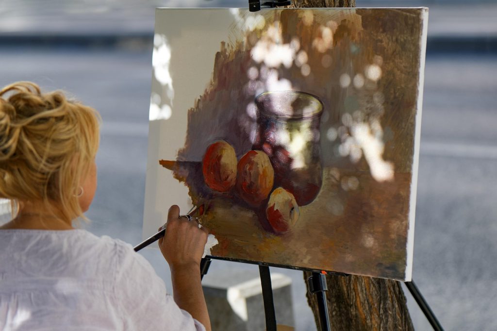 woman, painting, brush, canvas, support, fruits, still life, talent, public, street, urban, artwork, attraction
